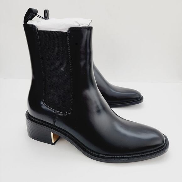 Zara Faux Leather Black Low Heel Chelsea Ankle Boots Gold Tone Heel Size 8 / 39 - Picture 1 of 10